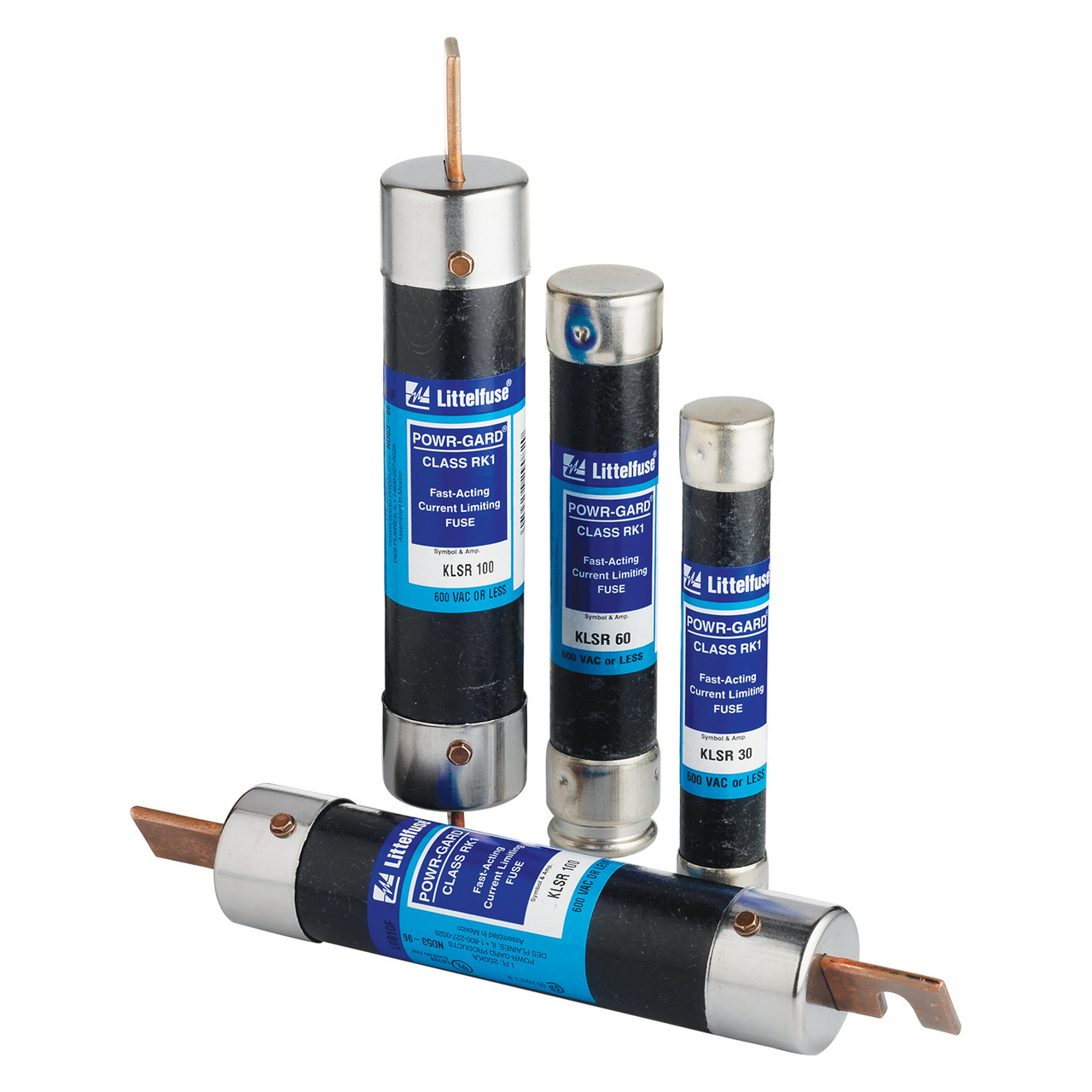 KLSR series RK1 fuses were the earliest type of current-limiting fuse developed. Their single-element, silver link design enables them to provide fast-acting overload and short-circuit protection. When used to protect inductive loads such as motors, solenoids, and transformers, KLSR series fuses must be greatly oversized to prevent opening the fuses on harmless inrush currents. In such applications, KLSR series fuses may only provide short-circuit protection. We recommend using POWR-PRO LLNRK/LLSRK series RK1, dual-element, time-delay fuses in all new applications requiring the current-limiting ability of UL Class RK1 fuses, or in existing applications where fast-acting RK1 or RK5 fuses have been opening on harmless system surges such as motor starting currents.