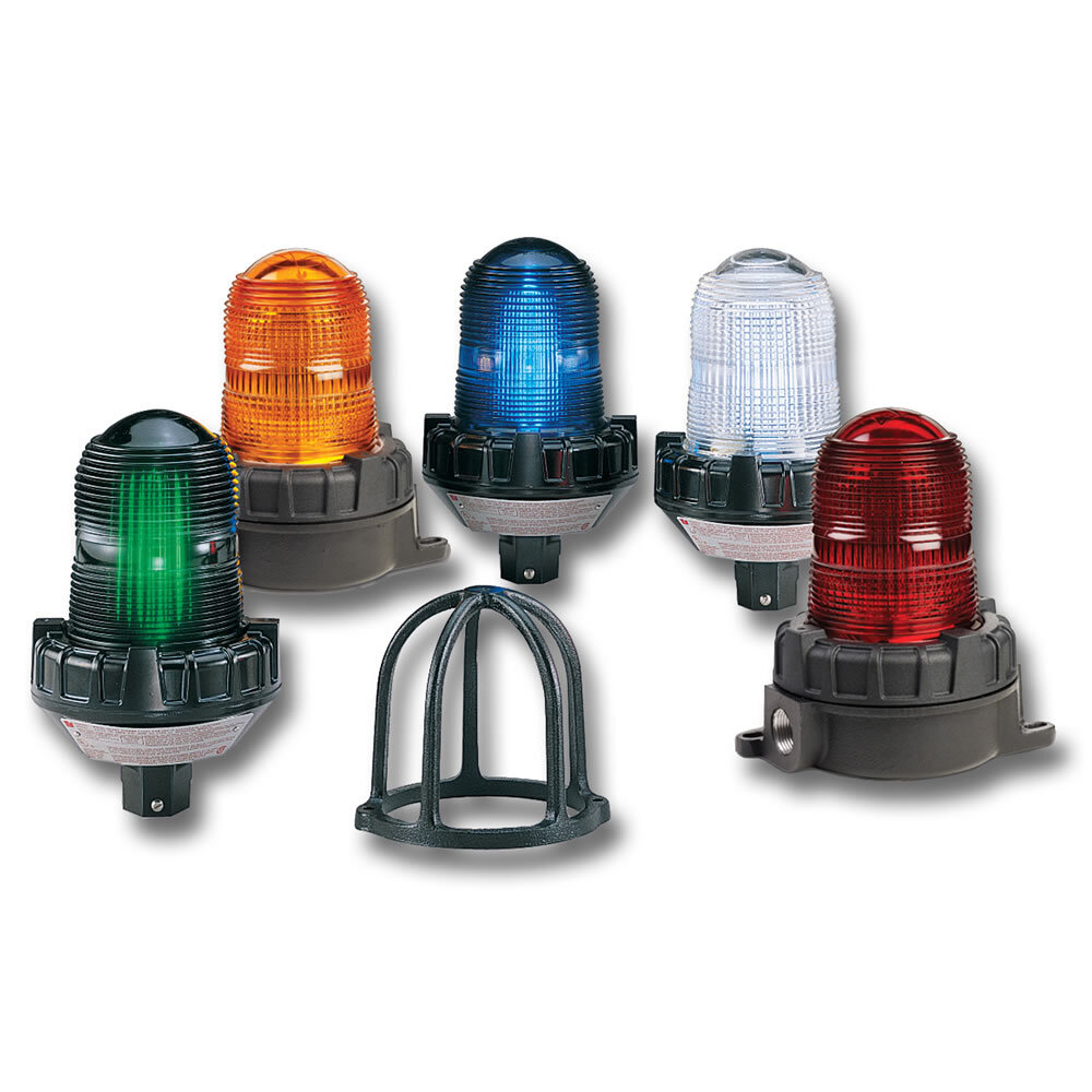 Hazardous Location Strobe Warning Light, 12-24VDC, Pipe Mount, Amber - Available in 12-24VDC, 120VAC and 230-240VAC. Five lens colors: Amber, Blue, Clear, Green and Red. 10,000-hour high-intensity strobe. Available in 3/4-inch NPT pipe mount or surface mount. Dome guard included. Indoor/outdoor use. Conformal coated PCB. Type 4X, IP66 enclosure. IP69K compliant. Marine rated. UL and cUL Listed for Class I, Division 2, Groups A, B, C and D & Class II, Division 1, Groups E, F and G & Class III.