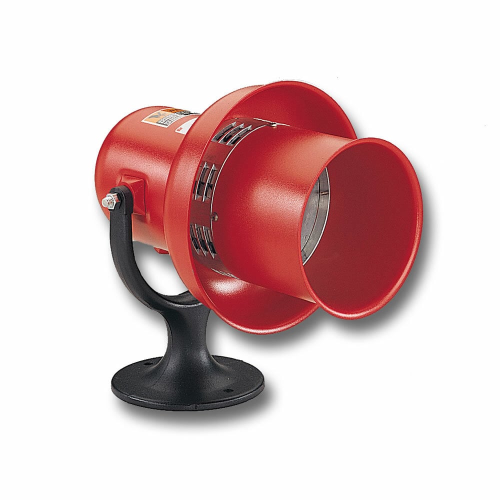 General Alarm Electro-Mechanical Siren, 120VAC/DC - Available in 120 and 240VAC/VDC. Range of up to 200 feet. Coded or sustained tones. Produces 112 dBa at 10 feet (122 dBa at 1 meter). Type 3R enclosure. Wall or surface mount via the integral swivel bracket.