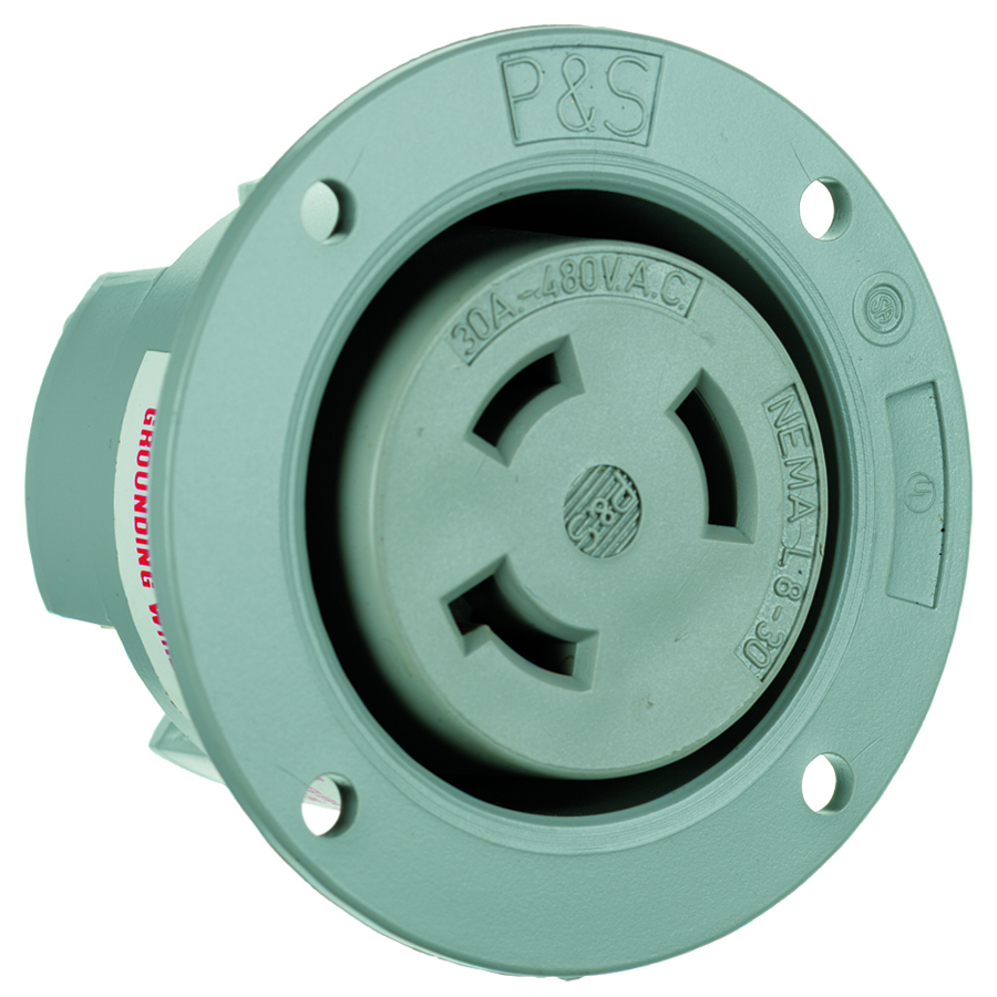 Turnlok Flanged Outlet, 3wire 30amp 480volt, Gray