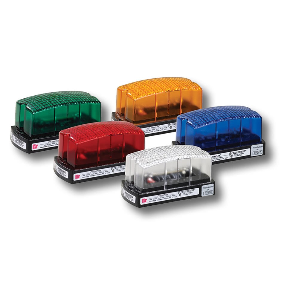 StreamLine Low Profile Mini Strobe, 120VAC, Clear - Available in 12VDC, 24VDC, 120VAC and 240VAC. Surface mount. Five lens colors: Amber, Blue, Clear, Green and Red. Low profile, only 2.61" high by 2.33" wide by 5.05" long. Conformal coated PCB. Type 4X enclosure. UL and cUL Listed.