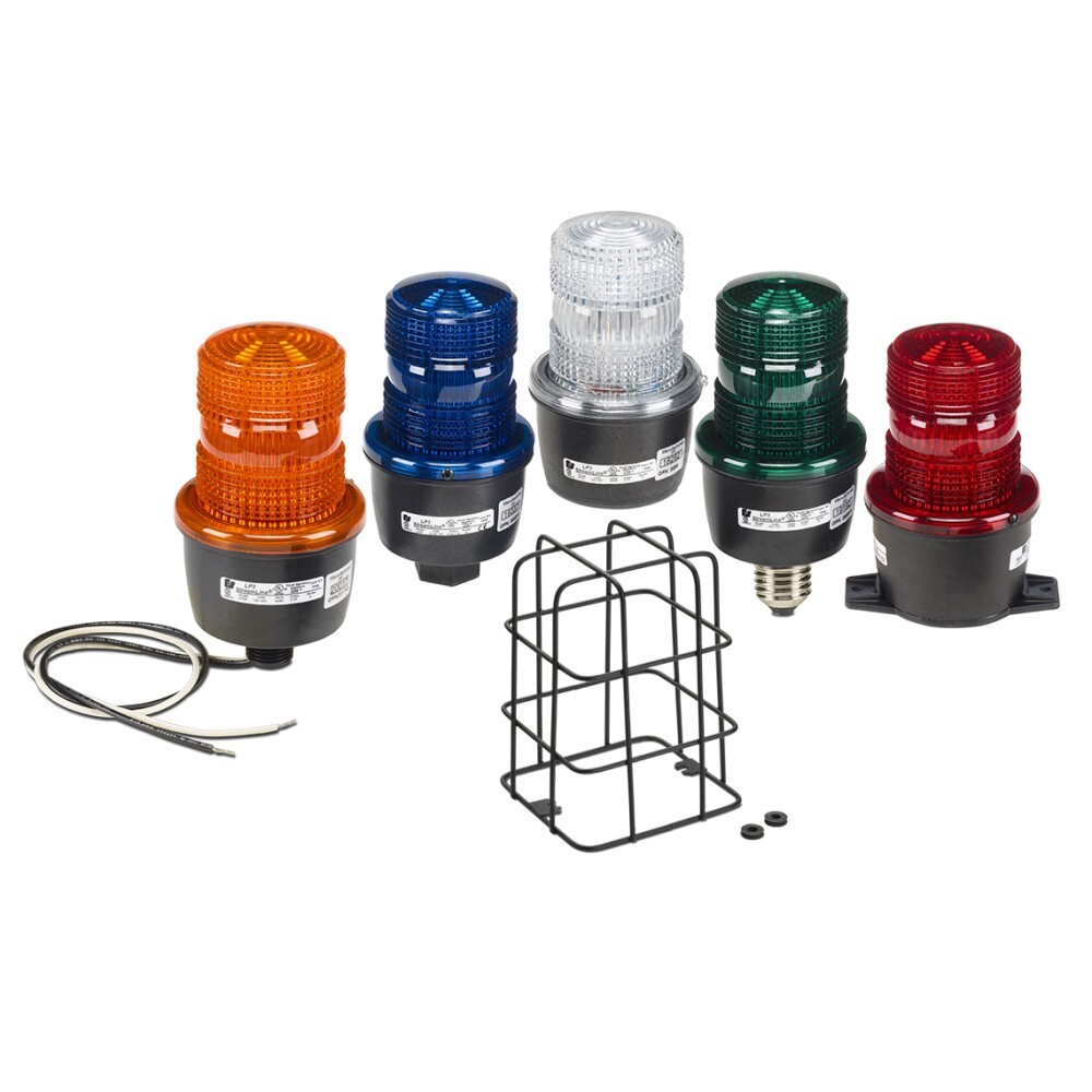 StreamLine Low Profile Strobe Light, 240VAC, NPT Pipe Mount, Amber - Available in 12-48VDC, 120VAC and 240VAC, LP3E available in 120VAC only. Surface mount (S), Edison mount (E), T-mount (T), integrated 1/2-inch NPT pipe mount (P) or 1/2-inch NPT male pipe mount (M). Five lens colors: Amber, Blue, Clear, Green and Red. Screw-on lens provides easy access. Conformal coated PCB.  Type 4X, IP66 enclosure. IP69K compliant (excludes models LP3E and LP3T).  PLC and triac compatible. CSA Certified. UL and cUL Listed.