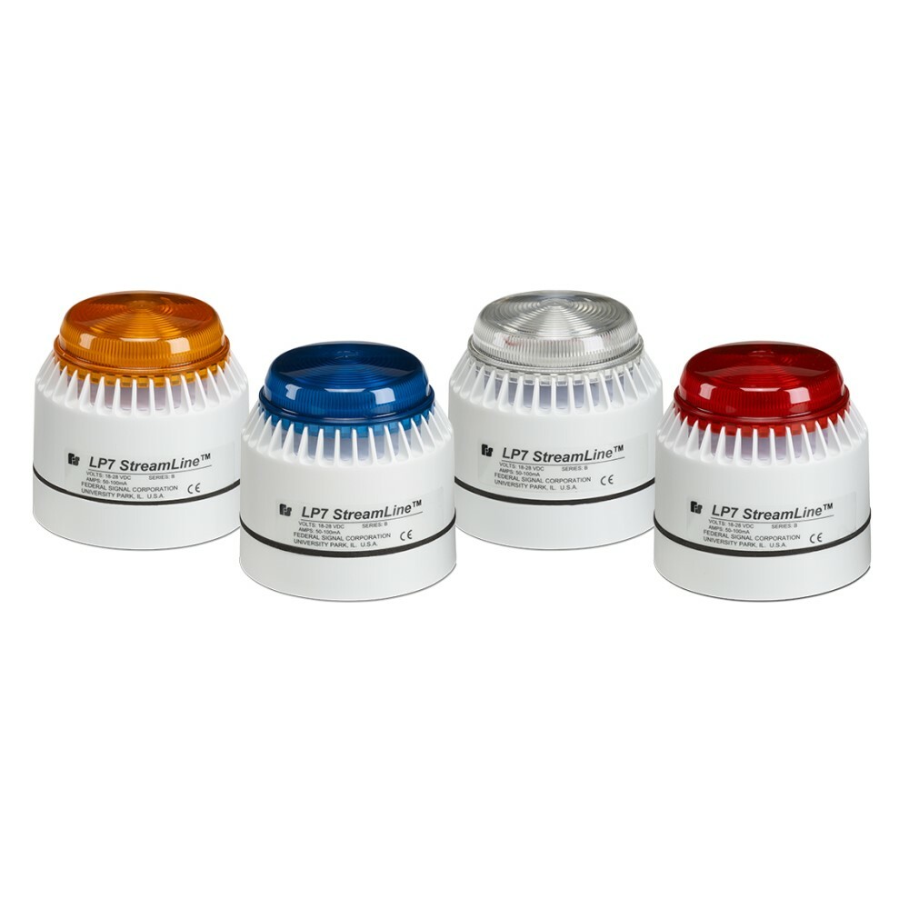 StreamLine Low Profile Combination Sounder/Strobe, 18-28VDC, Red - Fully integrated xenon strobe circuit. Four lens colors: Amber, Blue, Clear and Red. Heavy duty ABS plastic body. Produces 82 to 100 dBA at 10 feet (92 to 110 dBA at 1 meter). IP54 enclosure (IP65 with optional deep base). CE Certified.