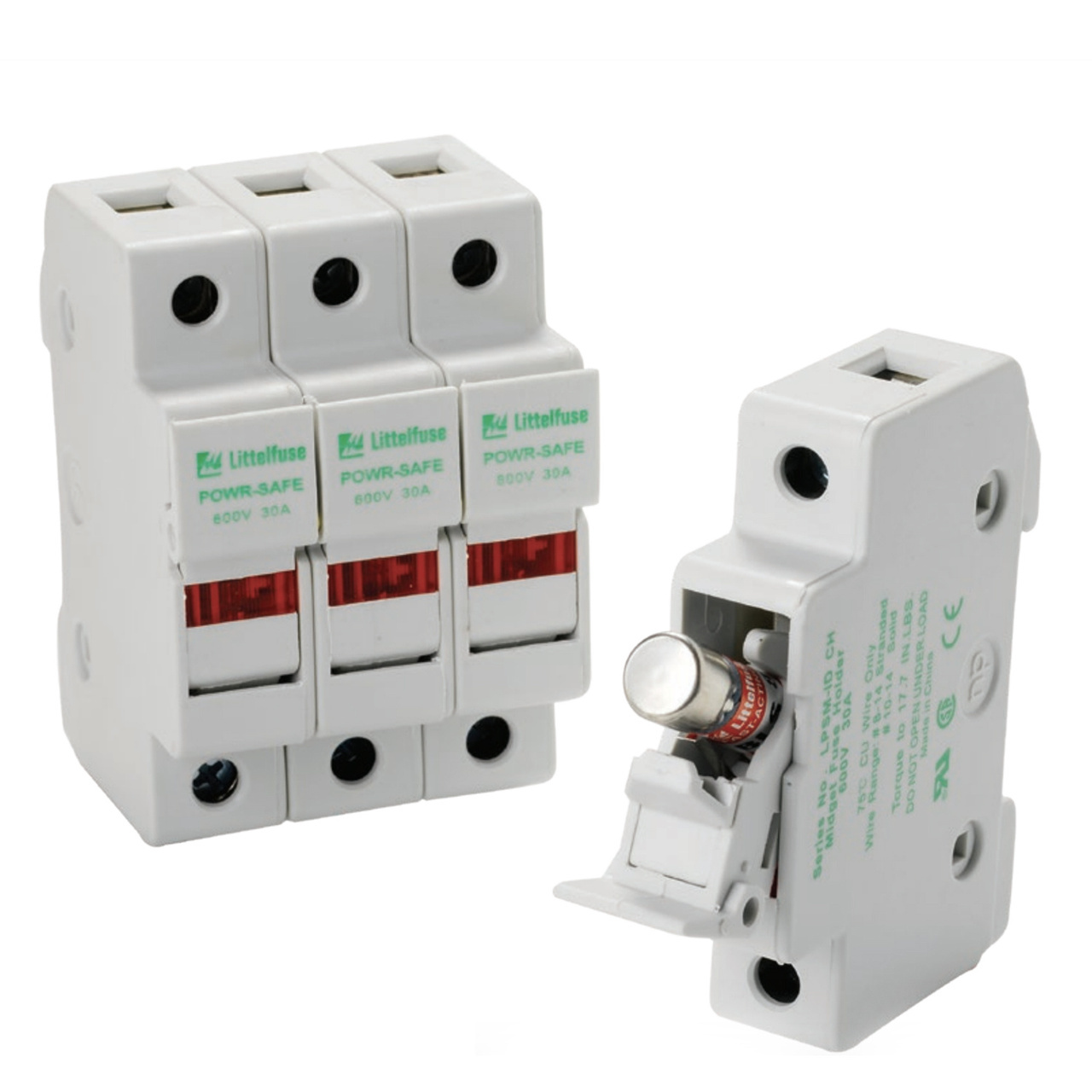 Littelfuse POWR-SAFE Dead Front holders provide optimum protection to personnel. Indicating and non-indicating versions are available in 1,2,3, or 4 poles for Class CC and Midget fuses.