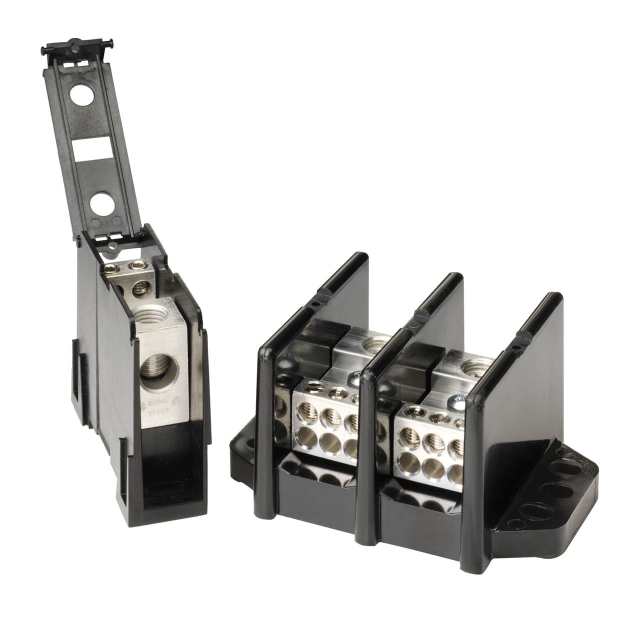POWR-BLOKS power distribution blocks offer a safe, convenient way of splicing cables, providing a fixed junction tap-off point or splitting primary power into secondary circuits.  LX2XXX-DIN series offers integral DIN-Rail mount and an optional hinged safety cover.  Applications: Typical applications include heating, air conditioning and refrigeration systems, elevator systems, material handling equipment, control panels, motor controls, switchgear, and anywhere power needs to be distributed to more than one load.