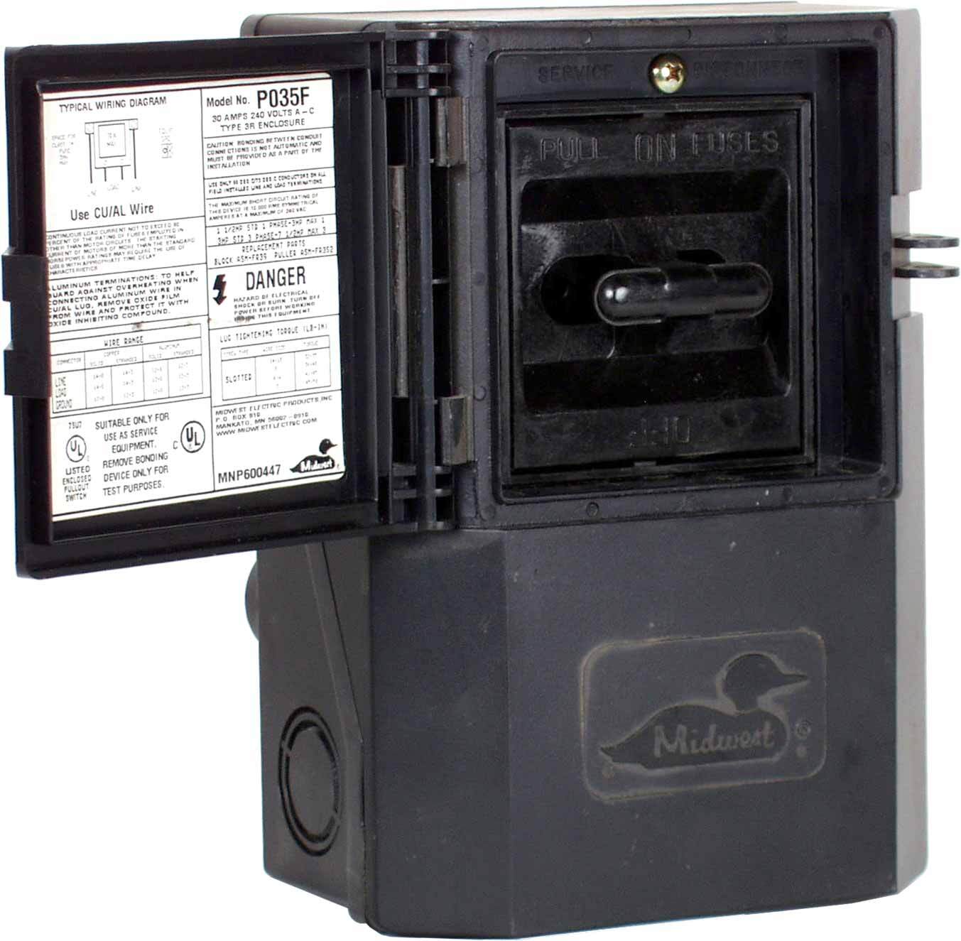 Non-Metallic Fusible Disconnects are available in 30 and 60 Ampere models. Pullers are removable or reinstallable in the OFF position for user safety during equipment maintenance. The P065F UL listing includes the ability to field replace the 60 Ampere puller with a 30 Ampere puller (FR352) for installation flexibility. Listed for use as service entrance.