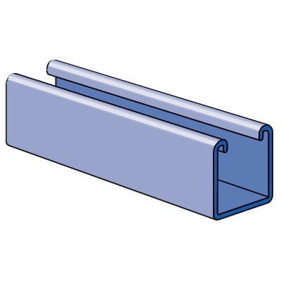 Unistrut P1000 10HG Solid Channel, 10 FT Length, 1-5/8 IN Width, 1-5/8 IN Depth, 1-5/8 IN Flange Width, 12 GA Flange Thickness, 12 GA, Low Carbon Steel, Hot-Dipped Galvanized Conforming To ASTM A123, ASTM A1011, Grade: 33, Weight: 189 LB/100 FT, Allowable Moment: 5070 IN-LB