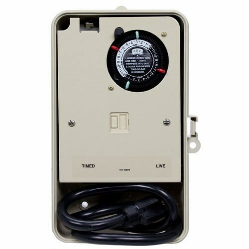 The Portable 24Hr Two Circuit Above Ground Pool Timer w/120VAC Plug & GFCI These portable two-circuit fountain timers incorporate a plug in for a timed circuit (normally used for a pool pump) and a plug-in for a live circuit (typically used for a pool light). GFCI protected circuits and a three-prong grounded plug for the time switch supply are also built-in.