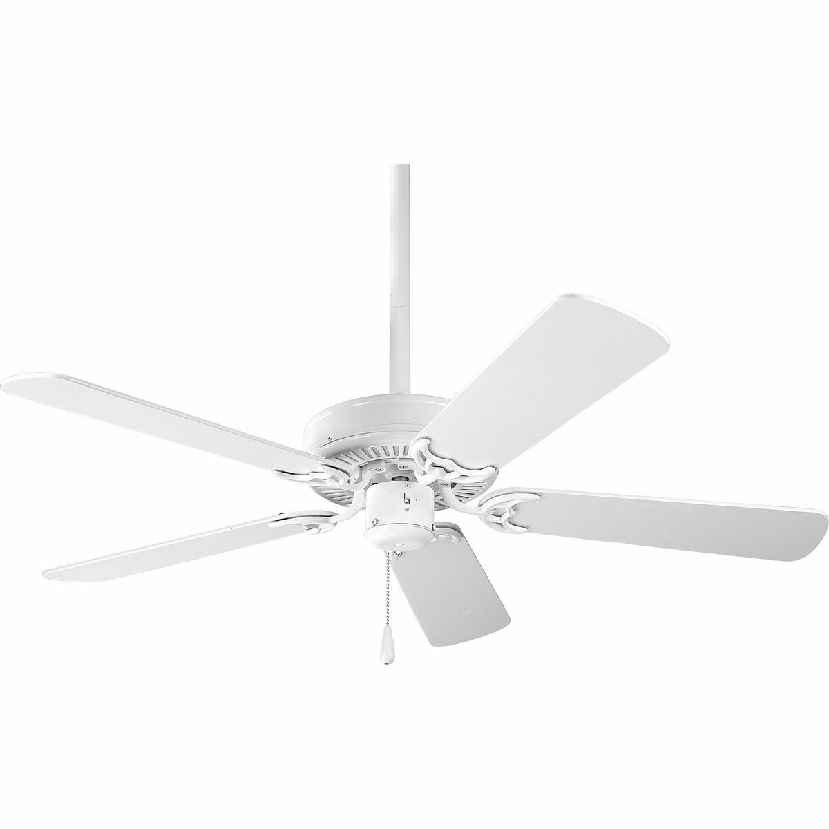 42 inch AirPro ceiling fan with 5 reversible white or washed oak blades, White finish, and 15 year limited warranty. Integral pull chain is Chrome with white fob. Powerful AirPro motor features 3-speed control that can also be reversed to provide year-round comfort. Includes convenient Quick-Install canopy system and can be installed on vaulted ceilings up to 4:12 pitch, additionally, the fan can be installed with no downrod to accommodate lower ceilings.