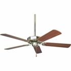 52 inch AirPro fan with 5 reversible Cherry or Natural Cherry blades, Brushed Nickel finish, and 30 year limited warranty. Powerful AirPro motor features 3-speed control that can also be reversed to provide year-round comfort. Includes innovative canopy system that can be installed on vaulted ceilings up to 12:12 pitch, additionally, the fan can be installed with no downrod to accommodate lower ceilings. Quick install canopy securely holds fan for wiring during installation.