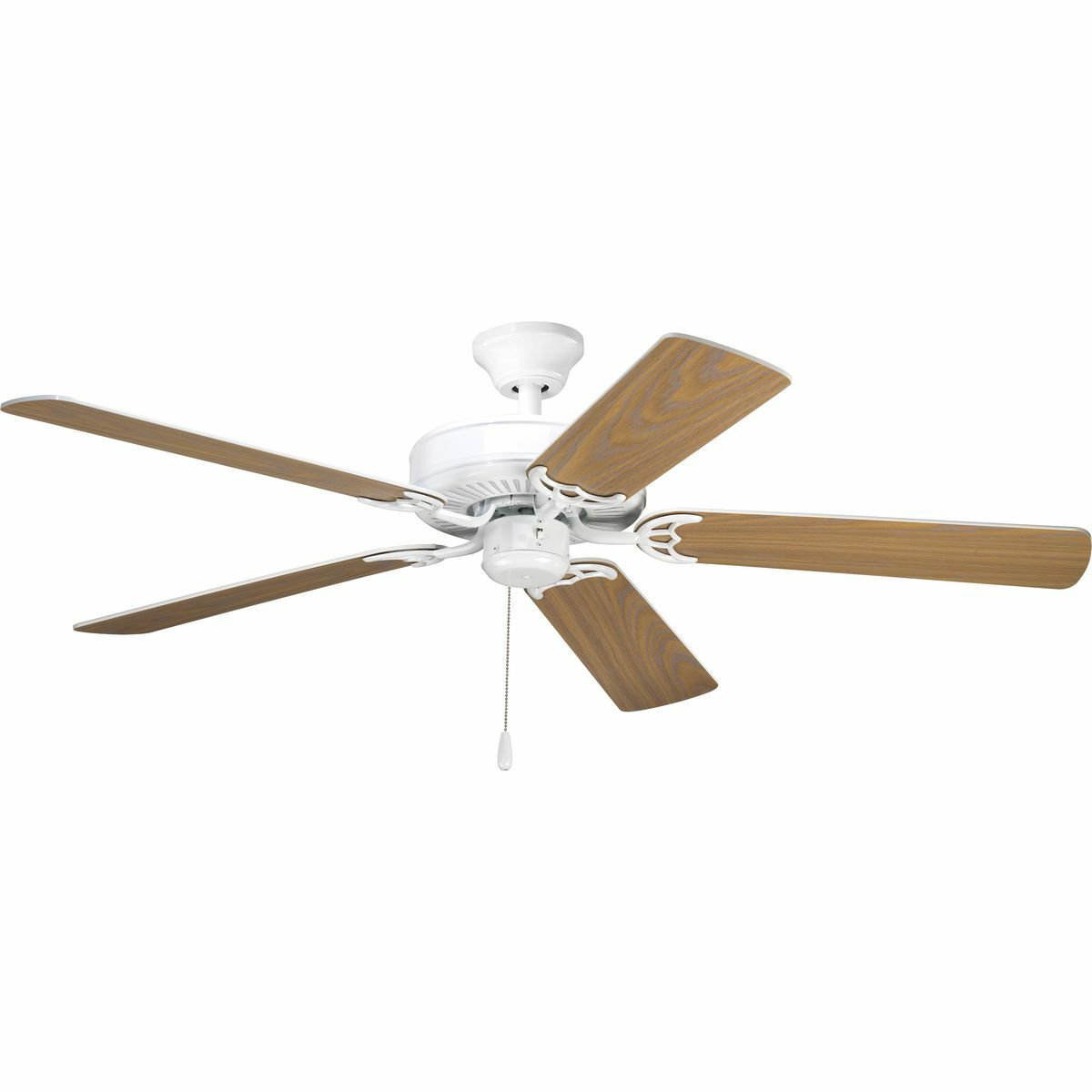 52 inch AirPro fan with 5 reversible white or washed oak blades, White finish, and 30 year limited warranty. Powerful AirPro motor features 3-speed control that can also be reversed to provide year-round comfort. Includes innovative canopy system that can be installed on vaulted ceilings up to 12:12 pitch, additionally, the fan can be installed with no downrod to accommodate lower ceilings. Quick install canopy securely holds fan for wiring during installation.