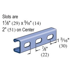 Unistrut P3300T 10PG Slotted Channel, 10 FT Length, 1-5/8 IN Width, 1-5/8 IN Depth, 1-5/8 IN Flange Width, 12 GA Flange Thickness, 12 GA, Slot Size: 1-1/8 IN X 9/16 IN, Low Carbon Steel, Pre-Galvanized Conforming To ASTM A653 G90, ASTM A1011, Grade: 33, Weight: 130 LB/100 FT