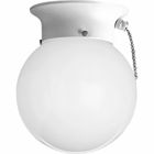 Flush mount ceiling fixture with white glass globe and pull chain. Pull chain switch included. Globe held in place with three thumb screws.