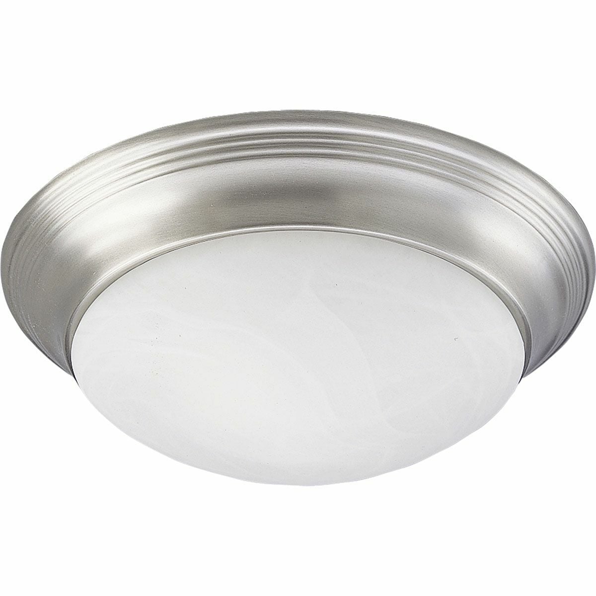 Two-light 14 inch close-to-ceiling fixture with etched alabaster style glass bowl and Brushed Nickel finish. Twist on glass for easy relamping. This fixture is perfect for bedrooms, closets, pantries, hallways and many other areas of the home. The simple styling coordinates with many different looks throughout the home.