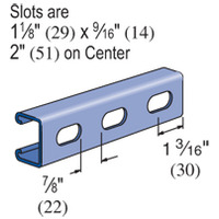 Unistrut P4100T 10PG Slotted Channel, 10 FT Length, 13/16 IN Width, 1-5/8 IN Depth, 13/16 IN Flange Width, 14 GA Flange Thickness, 14 GA, Slot Size: 1-1/8 IN X 9/16 IN, Low Carbon Steel, Pre-Galvanized Conforming To ASTM A653 G90, ASTM A1011, Grade: 33, Weight: 87 LB/100 FT