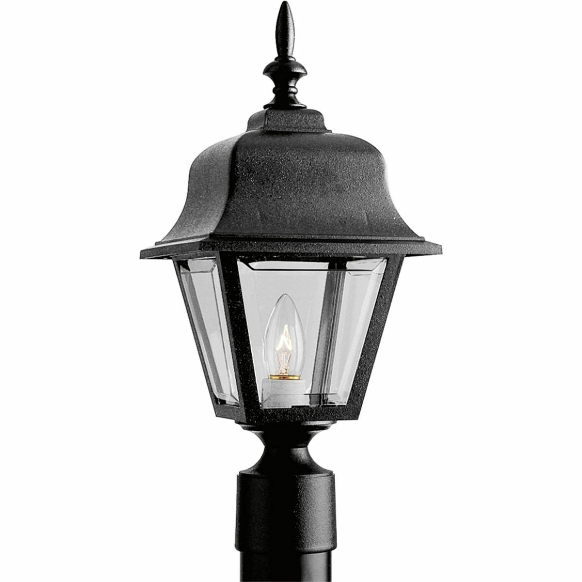 Set this sculpted post lantern near your walkway to guide guests inside, or let it light up a patio for outdoor gatherings. Its crystal clear acrylic panels stand up to harsh weather, and 100-watt lighting provides brilliant, far-reaching illumination. Non-metallic post lantern with clear, beveled acrylic panels in a Black finish.