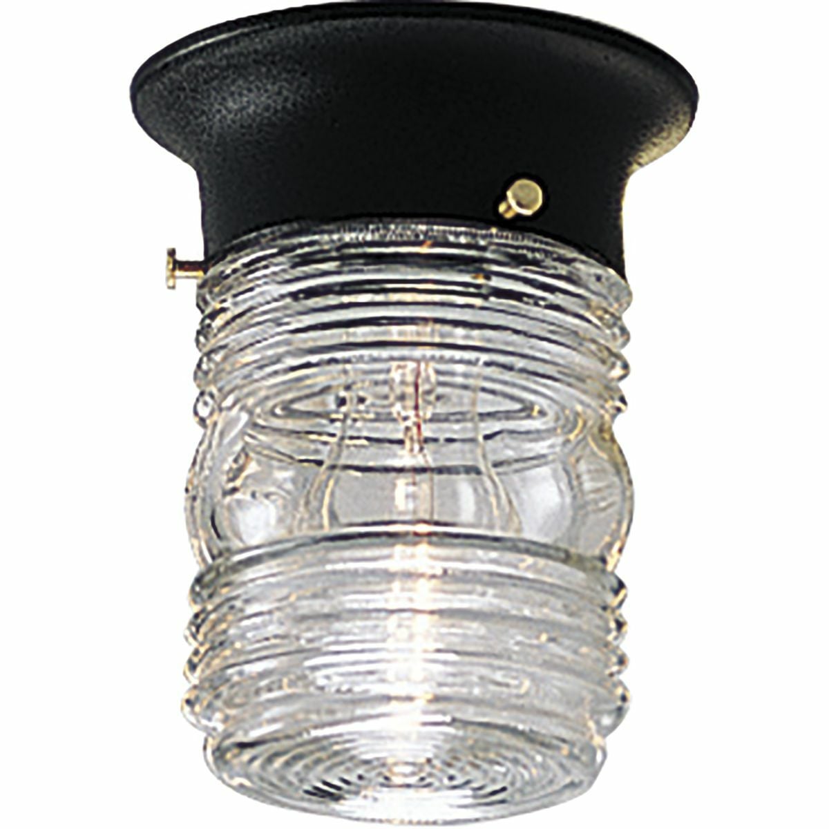 An outdoor injelly jar in utility flush mount featuring a black powder-coated finish and clear marine glass. The fixture is wet location listed and ideal for outdoor spaces. The glass shape is a reminder of the old-fashioned jelly jars.