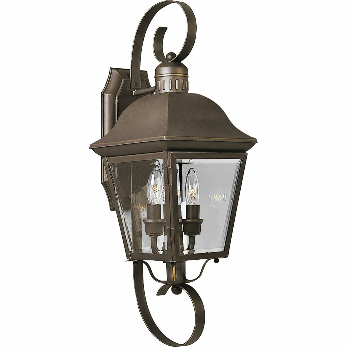 The Andover collection two-light medium wall lantern with aluminum construction, offers a mixture of traditional and country style for a variety of applications. Beveled glass panels allow optimum brightness. Hinged door for easy relamping.