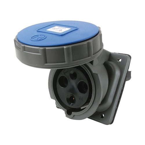 Double pole, Triple wire, Pin and Sleeve Receptacle. 100 amp, 250 volt.