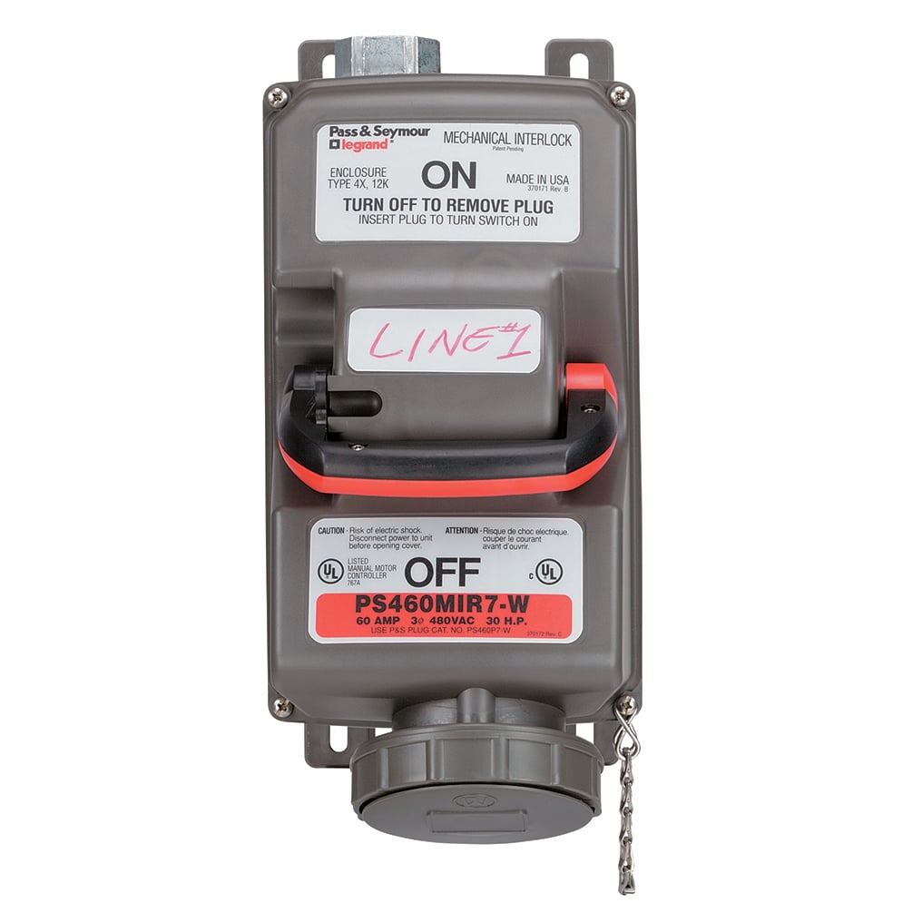 Triple pole, Four wire, Non-Fusible Mechanical Interlock Receptacle. 60 amp, 3, 480 vac.