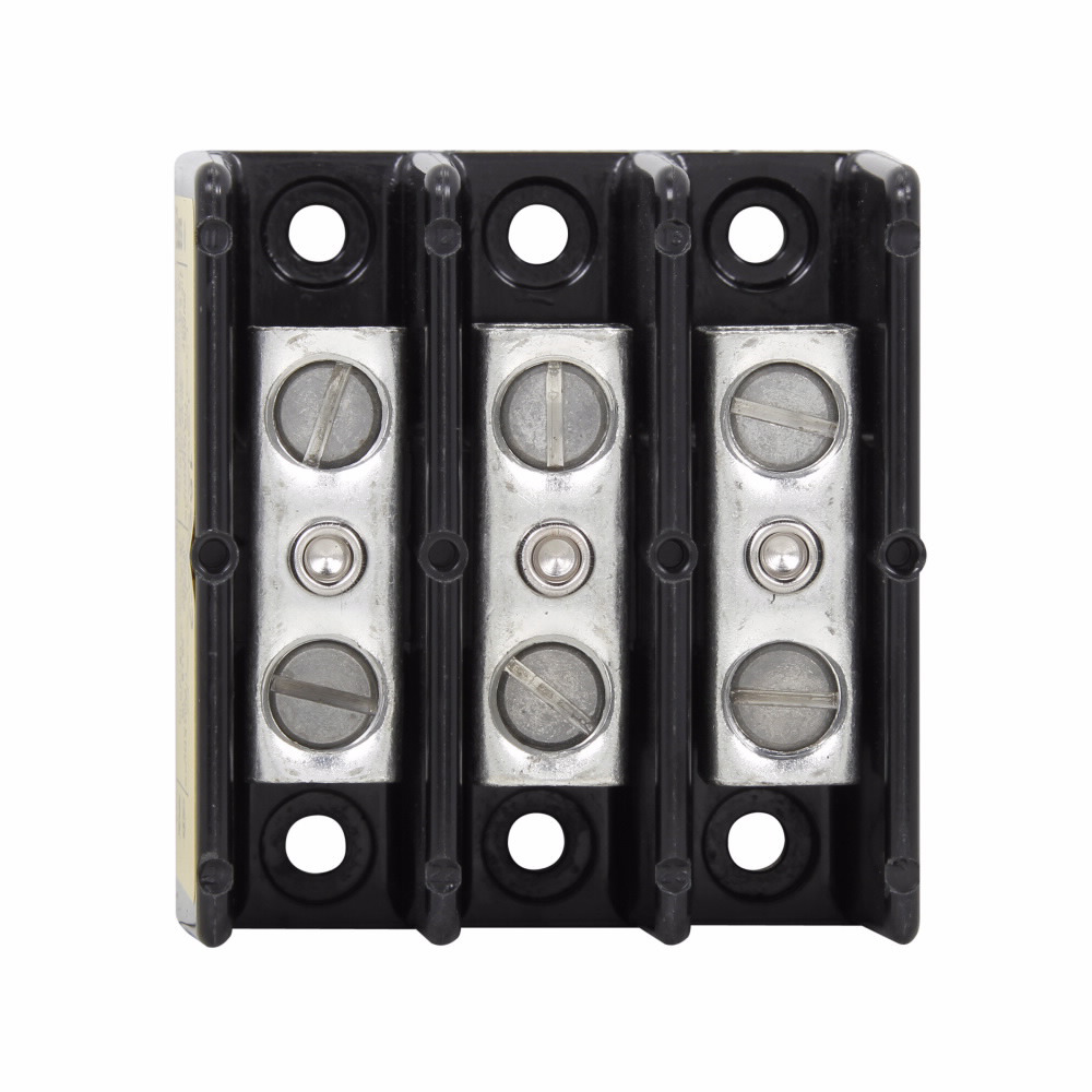 Eaton Bussmann series power splicer block, 600 Vac, 600 Vdc, 150A, Power splicer block, Three-pole, Splicer, SCCR: 10 kA, Black, Molded Thermoplastic Base, Tin-plated aluminum connector