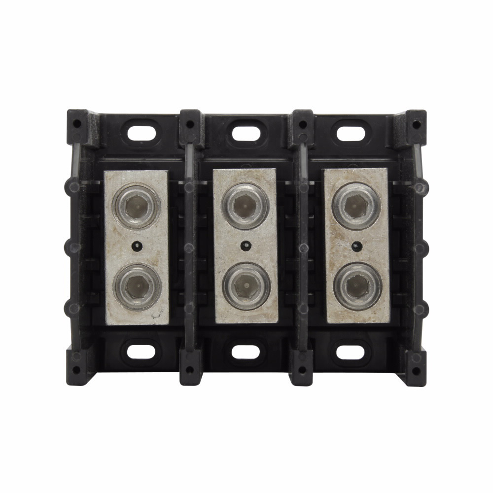 Eaton Bussmann series power splicer block, 600 Vac, 600 Vdc, 310A, Power splicer block, Three-pole, Splicer, SCCR: 10 kA, Black, Molded Thermoplastic Base, Tin-plated aluminum connector