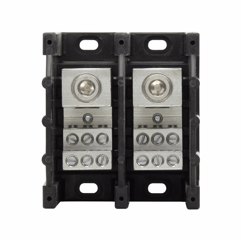 Eaton Bussmann series power distribution block, 600 Vac, 600 Vdc, 310A, Power distribution block, Two-pole, SCCR: 100 kA, Black, Molded Thermoplastic Base, Tin-plated aluminum connector - 16323-2