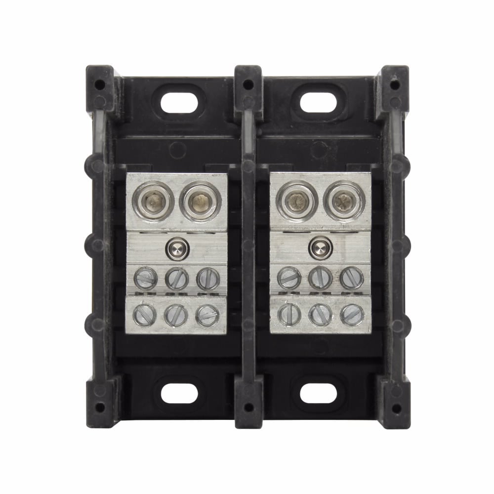 Eaton Bussmann series power distribution block, 600 Vac, 600 Vdc, 350A, Power distribution block, Two-pole, SCCR: 10 kA, Black, Molded Thermoplastic Base, Tin-plated aluminum connector