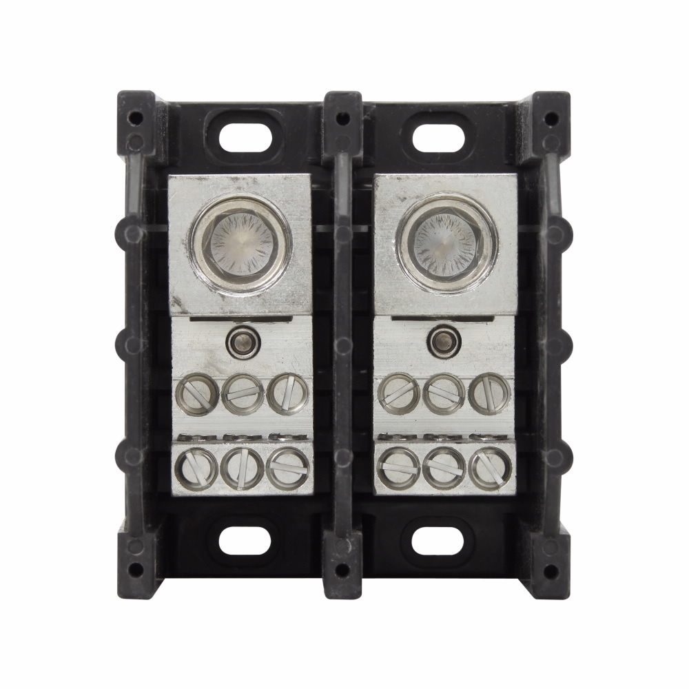 Eaton Bussmann series power distribution block, 600 Vac, 600 Vdc, 380A, Power distribution block, Two-pole, SCCR: 10 kA, Black, Molded Thermoplastic Base, Tin-plated aluminum connector