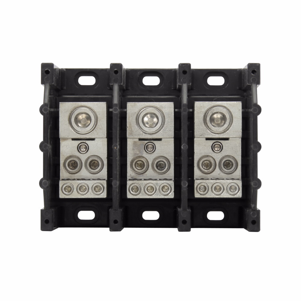 Eaton Bussmann series power distribution block, 600 Vac, 600 Vdc, 310A, Power distribution block, Three-pole, SCCR: 10 kA, Black, Molded Thermoplastic Base, Tin-plated aluminum connector - 16332-3
