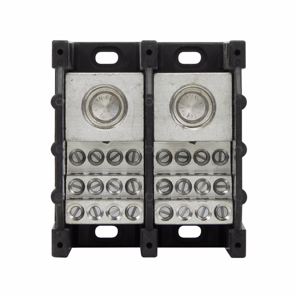 Eaton Bussmann series power distribution block, 600 Vac, 600 Vdc, 420A, Power distribution block, Two-pole, SCCR: 10 kA, Black, Molded Thermoplastic Base, Tin-plated aluminum connector
