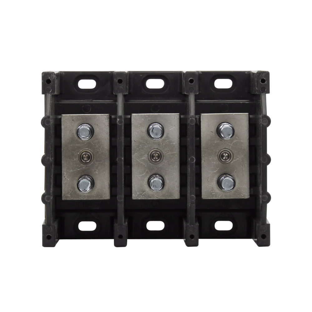 Eaton Bussmann series power terminal block, 600 Vac, 600 Vdc, 250A, Power terminal block, Three-pole, 3/8 In-16 TPI X 1-1/8 In Stud (Line/Load), SCCR: 10 kA, Black, Molded Thermoplastic Base, Tin-plated aluminum connector