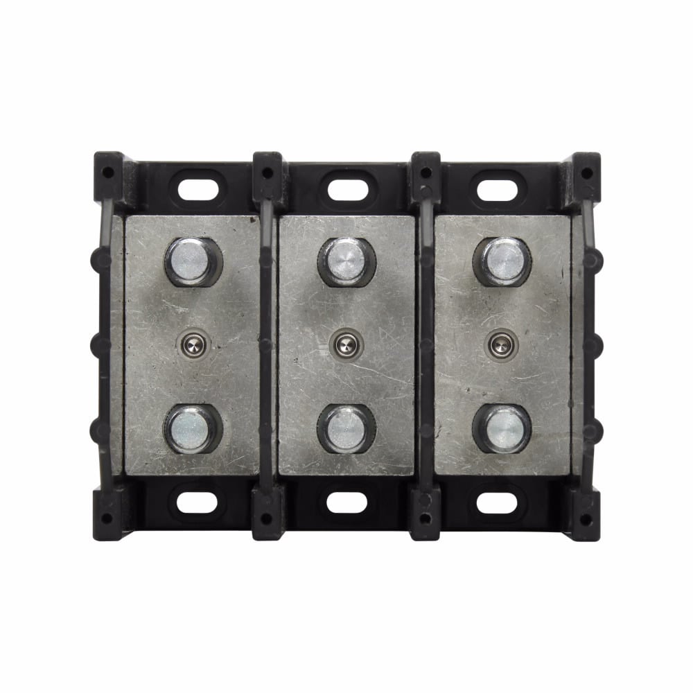 Eaton Bussmann series power terminal block, 600 Vac, 600 Vdc, 400A, Power terminal block, Three-pole, 1/2 In-13 TPI X 1-1/16 In Stud (Line/Load), SCCR: 10 kA, Black, Molded Thermoplastic Base, Tin-plated aluminum connector