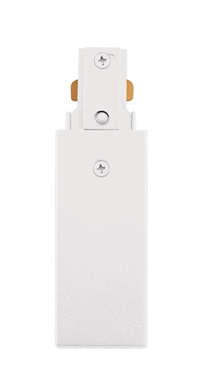 The end feed connector feeds trac from above with a flexible conduit, BX, or end feed in pendant systems. Accepts a standard 1/2-inch connector.  Reverse polarity R38R Series end feed connector is designed for use in opposite polarity orientation compared to standard feed connectors.