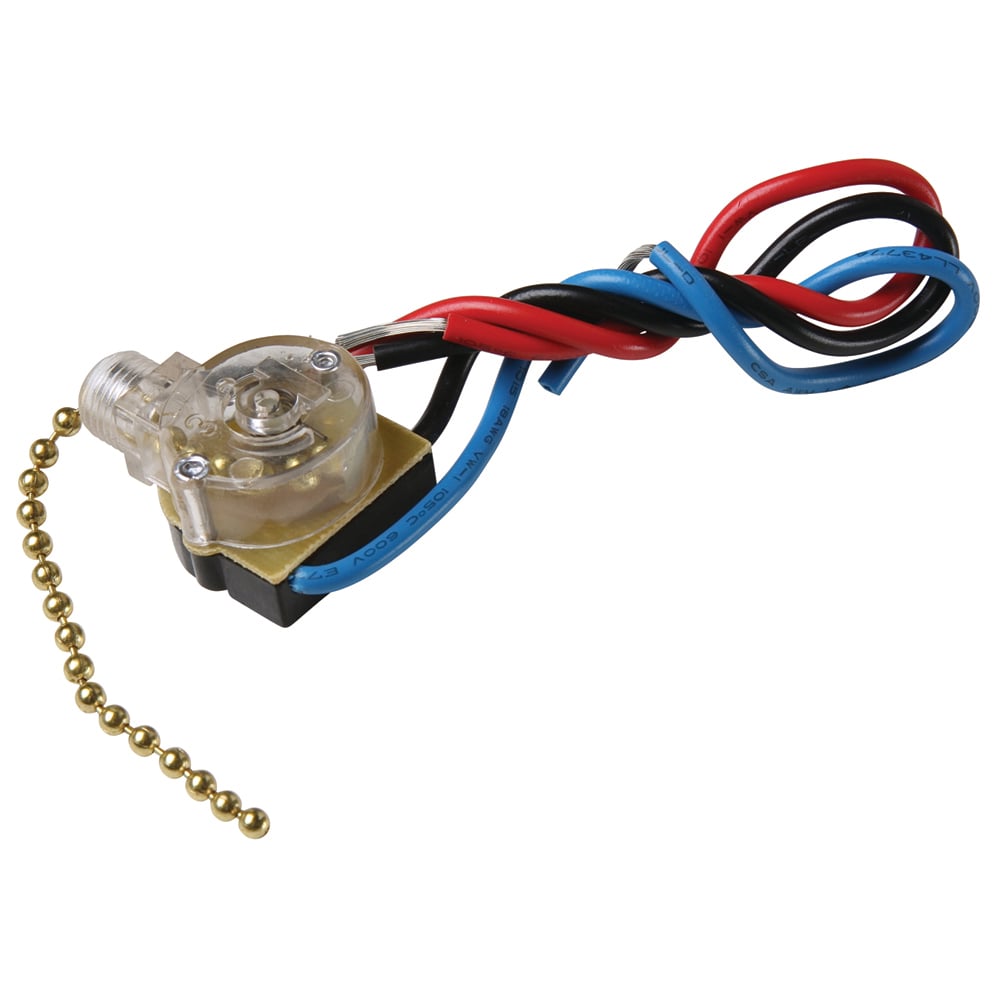 Pull chain, two circuit, four position, 1st ON, 2nd ON, both ON, OFF sequence, RU Listed.