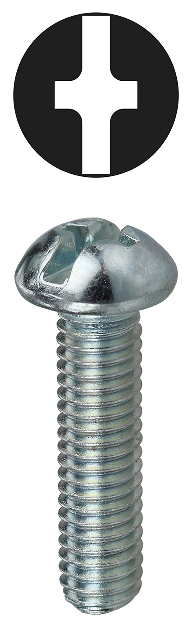 Machine Screw, Steel material, 2 in. length, #8-32 thread size, Round head type, Zinc Plated Finish, Slotted/Phillips drive type, Tuff Pack