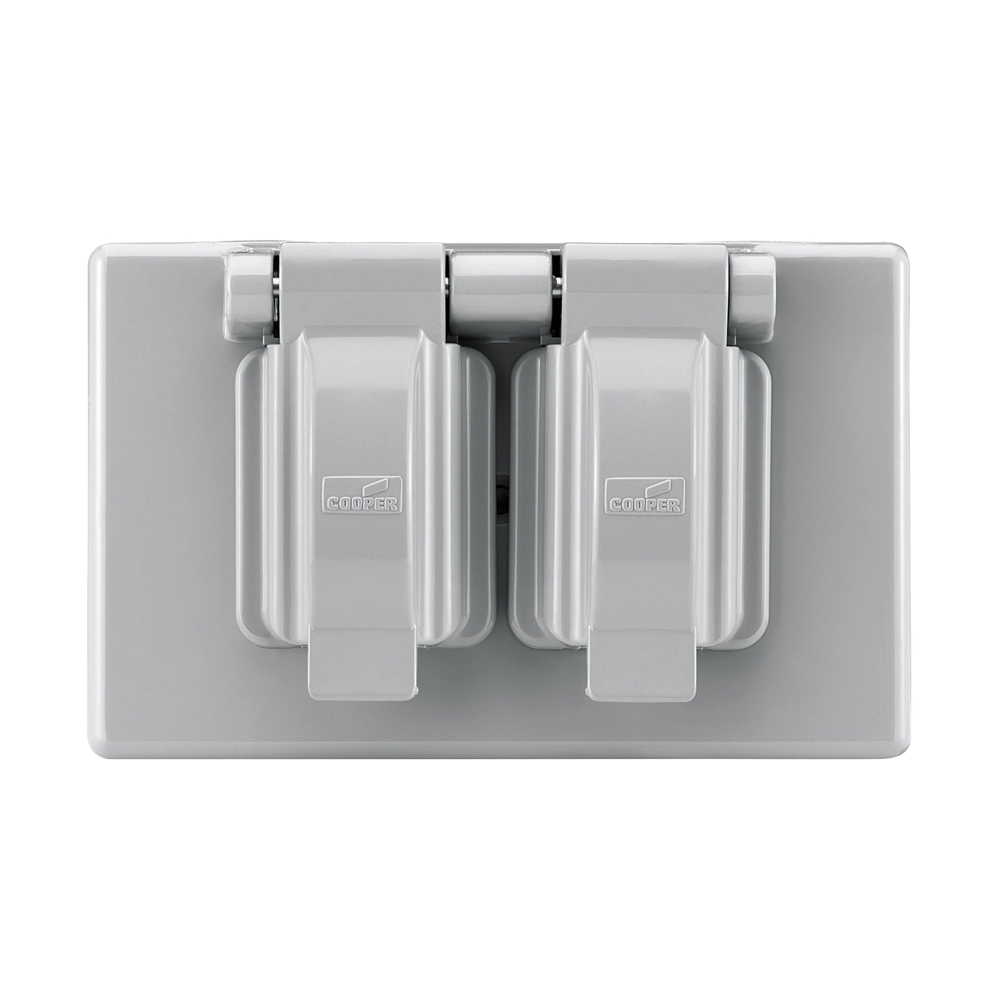 Eaton non-metallic duplex receptacle cover, Stay-open, Surface mount, Gray, Duplex receptacle, Dry environments, Thermoplastic, Single-gang, Horizontal, Standard