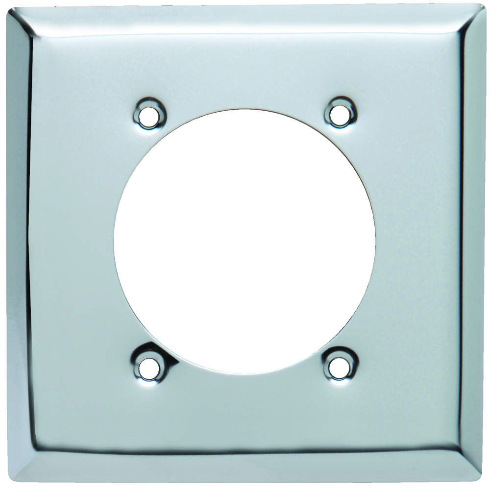 TwoGang Power Outlet Receptacle Opening, 2.4688 hole for 2.375 diameter device -4 mtg. holes, Smooth Metal Chrome