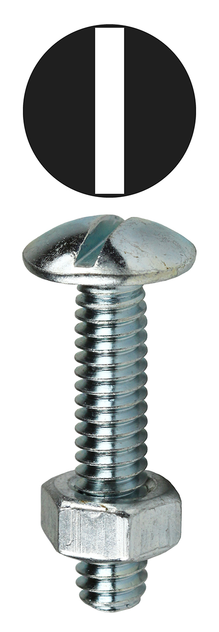 Stove Bolt with Hex Nut, Slotted drive type, Truss head type, 1/4 in. diameter, 20 thread pitch/thread per inch, 2 in. length, Steel material, Zinc Plated Finish