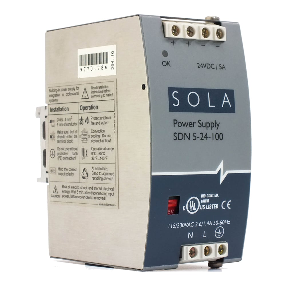 SDN-P Series DIN Rail Power Supply, Nominal Output Current: 5 A (120 W), Nominal Voltage Input: 115/230 Vac, Nominal Voltage Output: 24 Vdc, Frequency 47-63 Hz, Single Phase