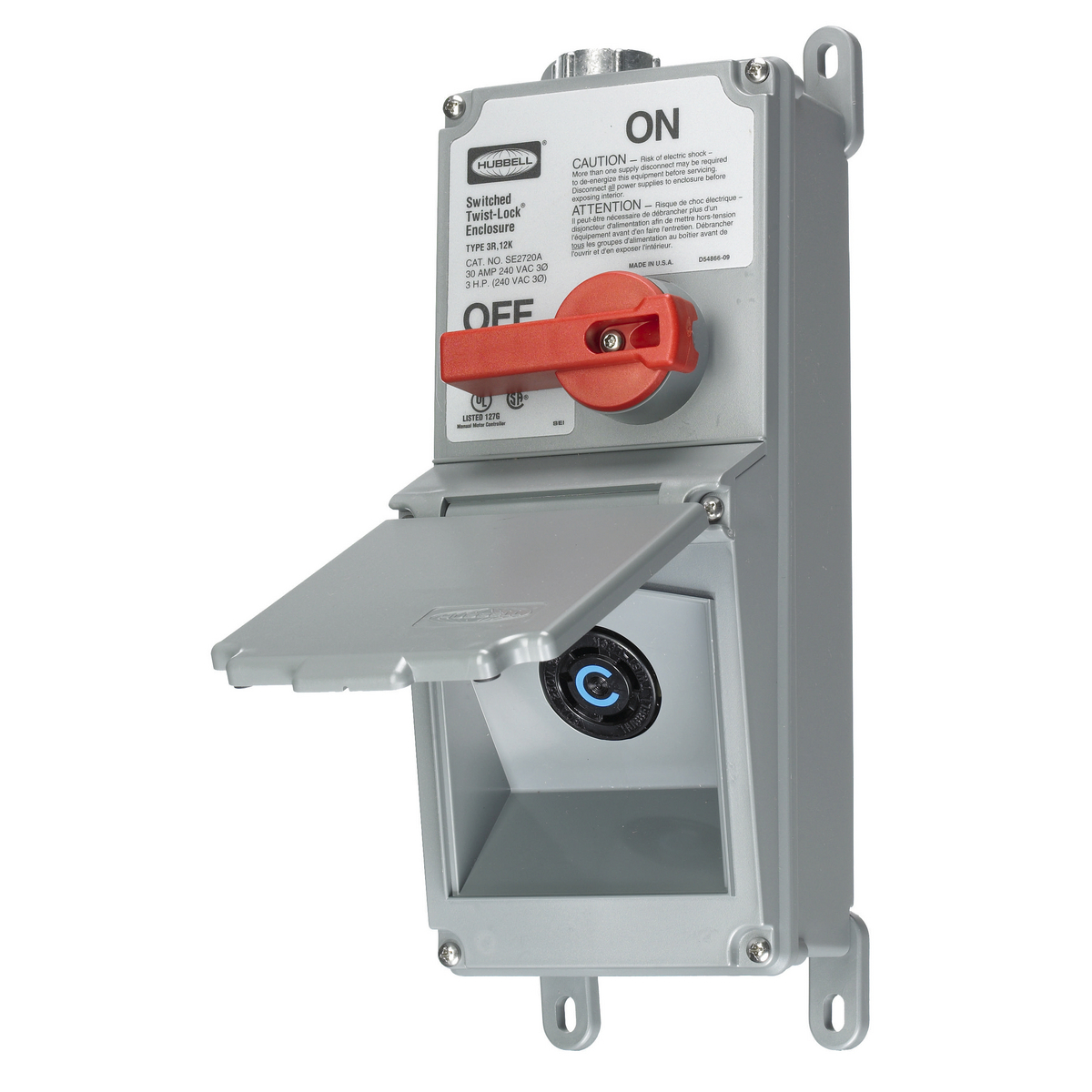 Switches and Lighting Controls, Industrial Grade, Lever Actuated, Switched Twist-Lock Enclosure With pre-wired HBL2720 Receptacle, 30A Twist-Lock, 3 Phase 240 V AC, NEMA L15-30R, Terminal Screws, Gray.