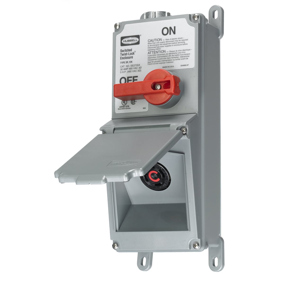 Switches and Lighting Controls, Industrial Grade, Lever Actuated, Switched Twist-Lock Enclosure With pre-wired HBL2730 Receptacle, 30A Twist-Lock, 3 Phase 480 V AC, NEMA L16-30R, Terminal Screws, Gray.