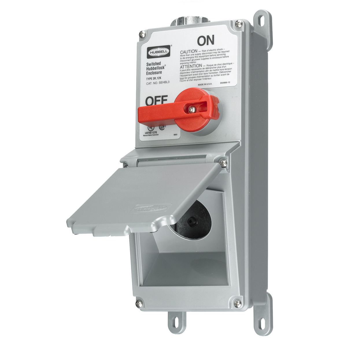 Switches and Lighting Controls, Industrial Grade, Lever Actuated, Switched Enclosure With Receptacle, Three Pole, 30A Hubbellock, 3 Phase 600V AC, Terminal Screws, Gray.
