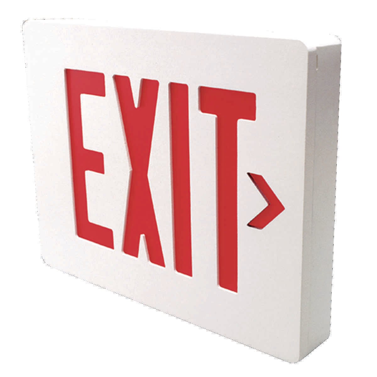 SE Series die-cast aluminium housing exit sign, Mounting Type: Wall, ceiling, end mount, Face style: single, Wording On Sign: EXIT, Letter Color: red, Housing Finish: black, Operation: emergency operation, Battery Type: Nickel Cadmium, Battery Runtime: 90 min, Voltage Rating: 120/277 VAC.