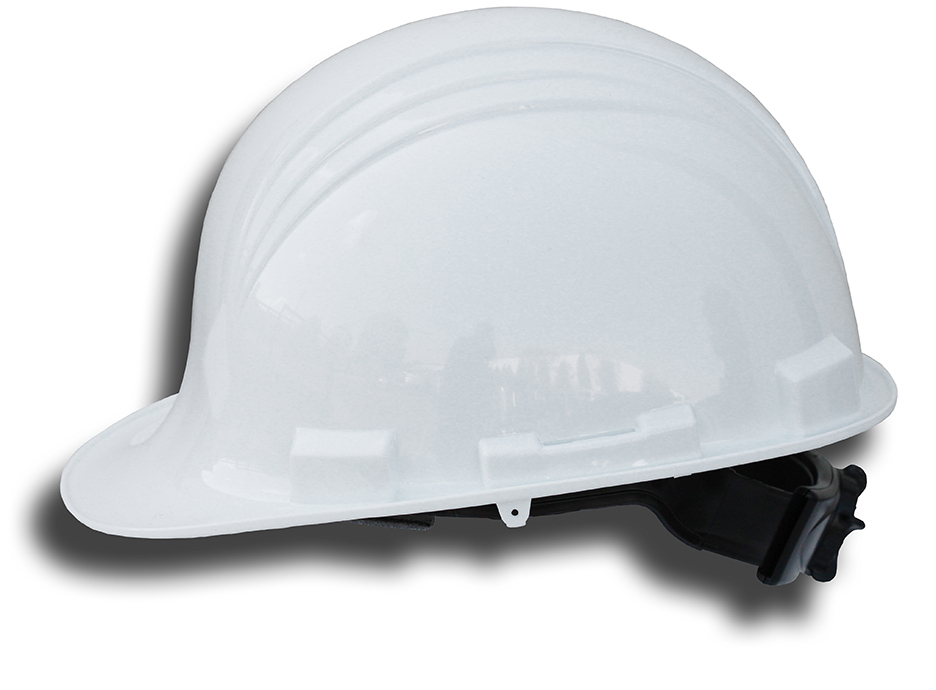 Ratchet Safety Helmet, 6-Point Impact Absorbing suspenders, White shell color, 6-1/2 to 8 in. hat size, Polyethylene shell material