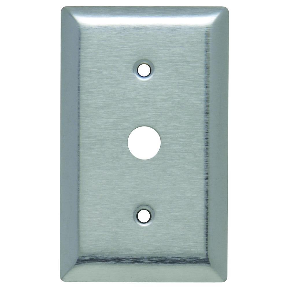 Single gang, Single telephone or cable outlet removable 13/32 ID grommet in 17/32hole. Strap mounted with adjustable yoke. One #340 yoke. 430 Stainless steel.