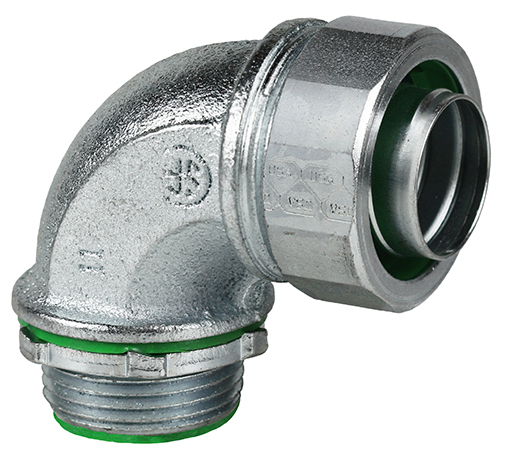 90 DEG Insulated Liquid Tight Connector, 1/2 in. Size, Threaded connection, Steel material, Zinc Plated Finish