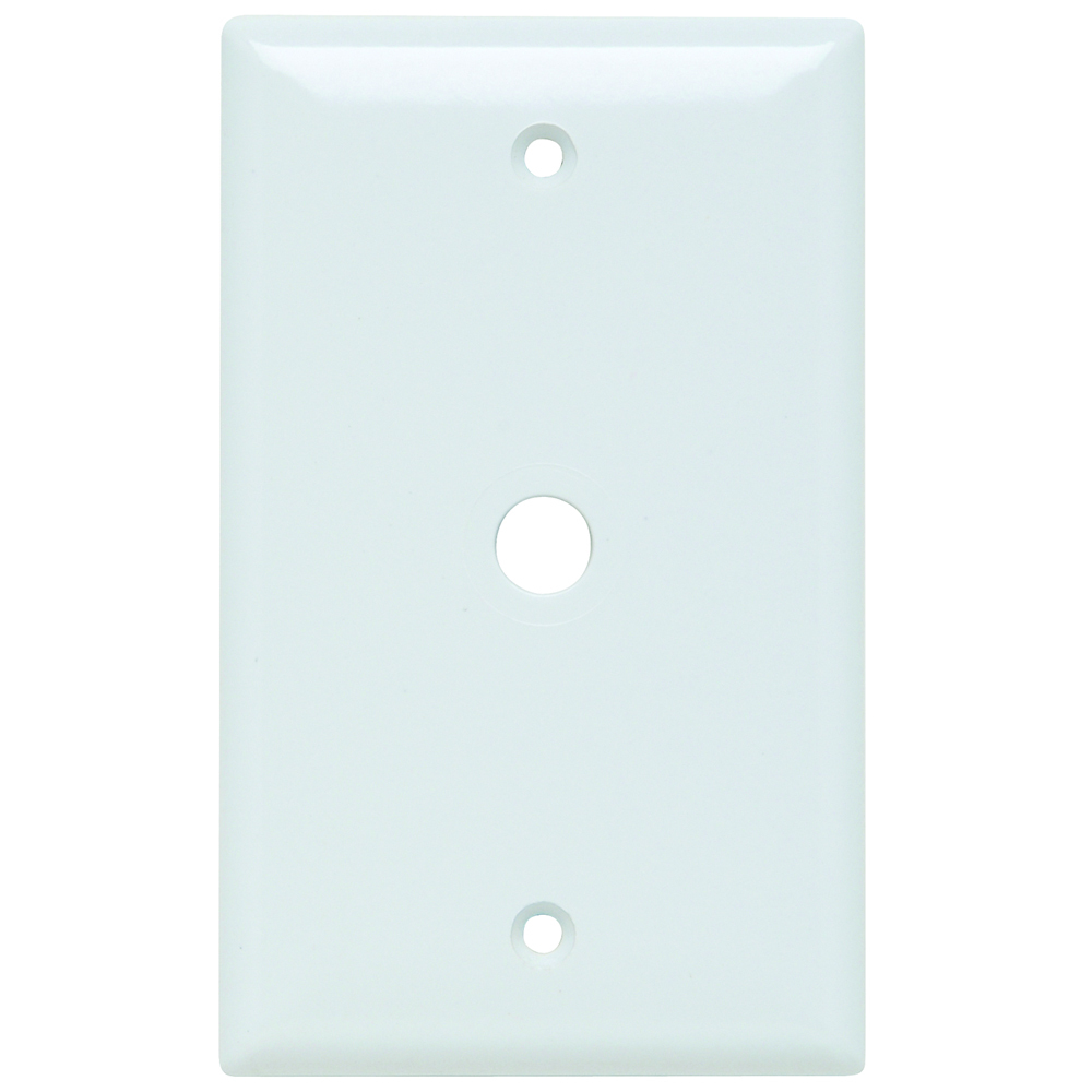 Single gang, single telephone or cable outlet 13/32 hole. Box mounted. Smooth thermoset. White.