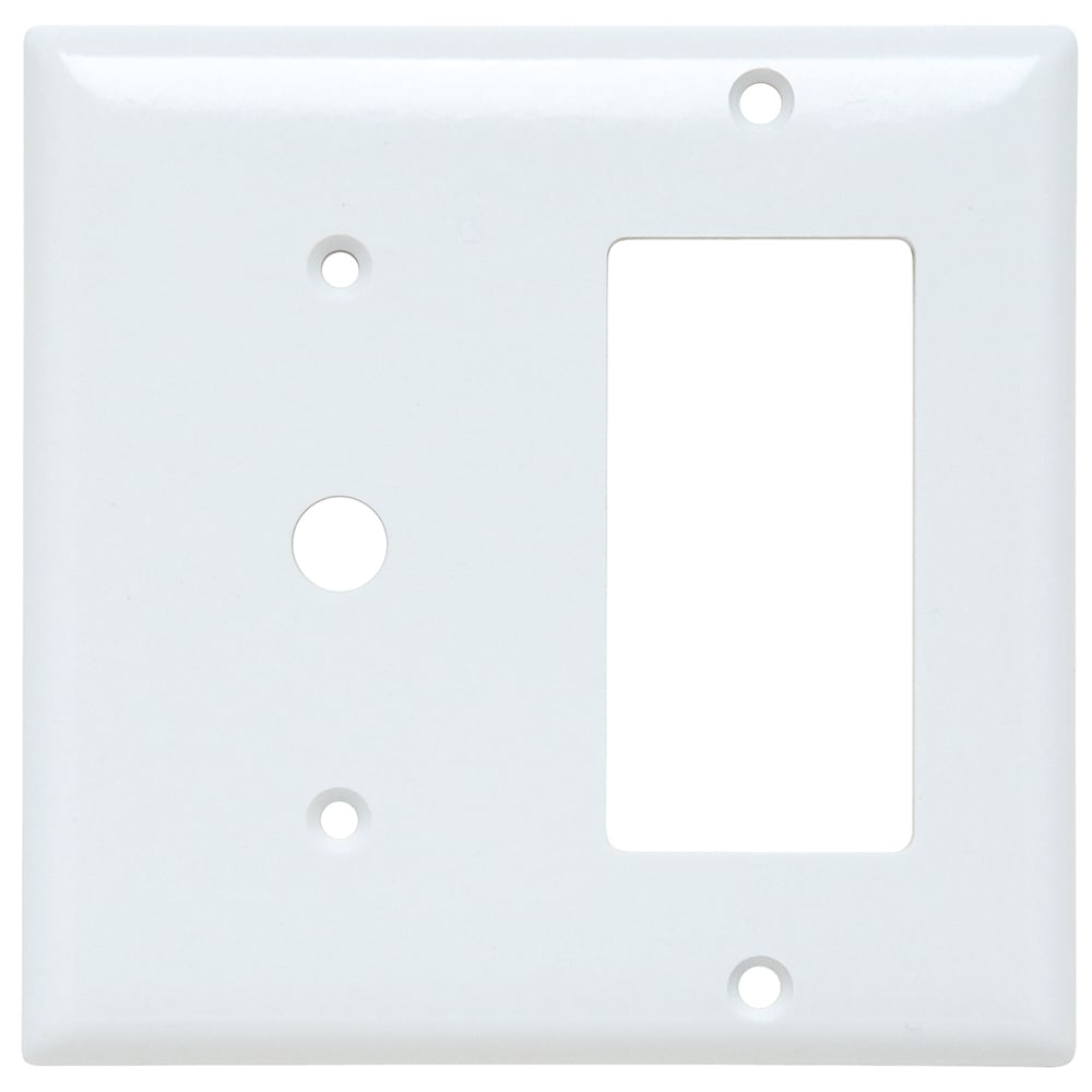 Double gang, Single telephone, single decorator standard combination. Smooth Thermoset. White.