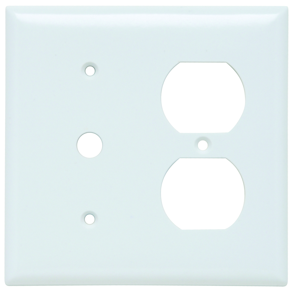 Double gang with single phone and single duplex combination. Has 13/32 and 5/8 double knockout. Smooth Thermoset. White.